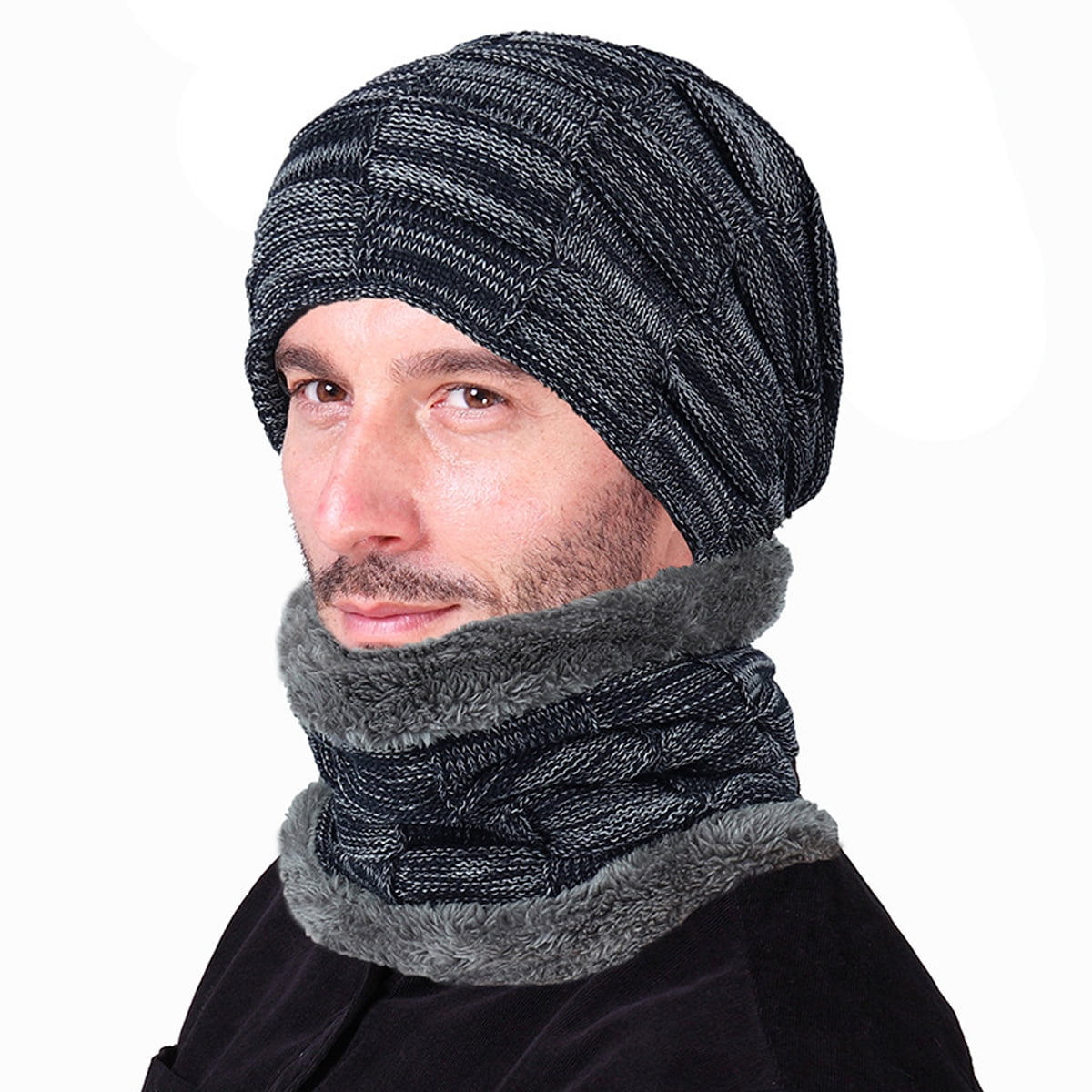 Men Winter Beanie Hats Scarf Set Warm Knit Hats Skull Cap Neck Warmer
