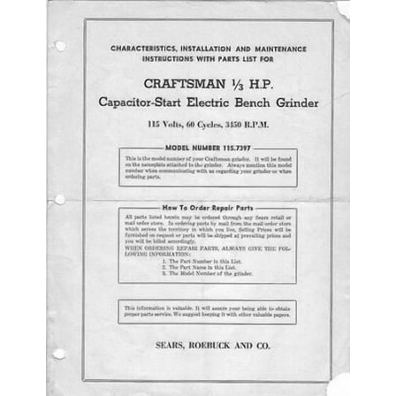 1946 Craftsman 115.7397 1/3 HP Capacitor-Start Electric Bench Grinder REPRINT