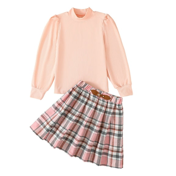 Kucnuzki 7 Years Big Girls Winter Outfits 8 Years Child Kids Clothes Set Puff Long Sleeves Solid Color Top Plaid Pleated Skirt Lattice Dresses 2pcs Clothing Pink