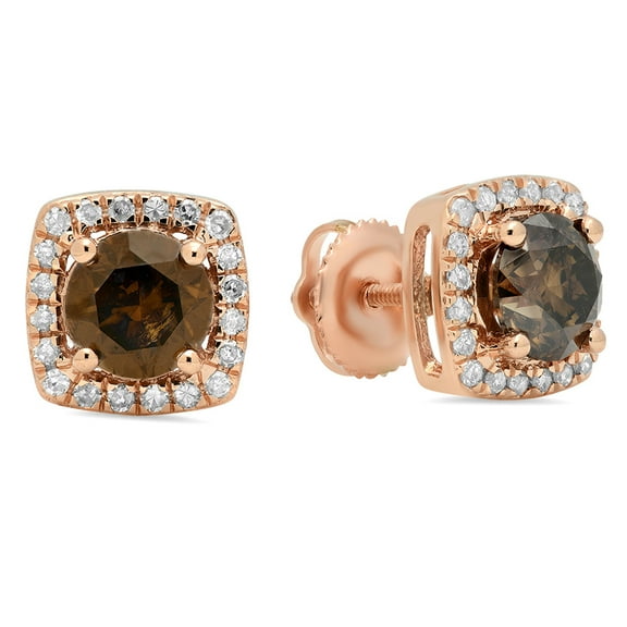1.80 Carat (ctw) 10K Rose Gold Round Champagne & White Diamond Ladies Halo Style Stud Earrings