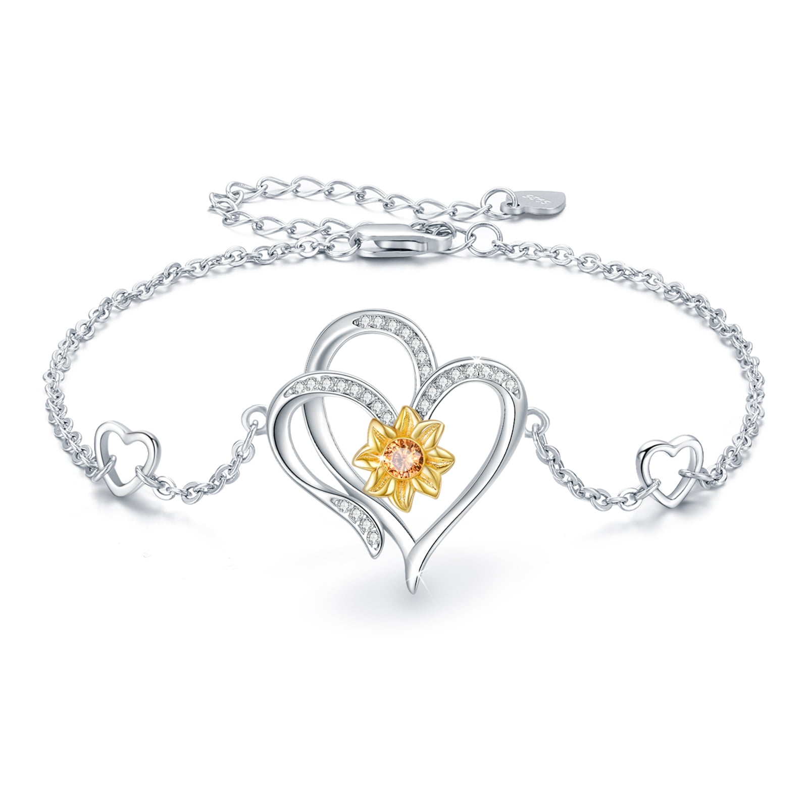 Cuoka Heart Sunflower Anklet Bracelet White Gold Plated Anklets for Women, Girls 925 Sterling Silver Hypoallergenic Adjustable Cubic Zircon Jewelry Birthday Gifts for Girlfriend