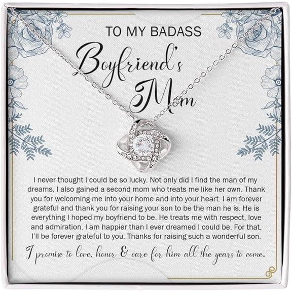 To My Badass Boyfriend's Mom Necklace Gift on Her Birthday, Mother's Day Gift for Future Mother In Law with Message Card and LED Box, Love Knot Necklace for Boyfriend's Mom