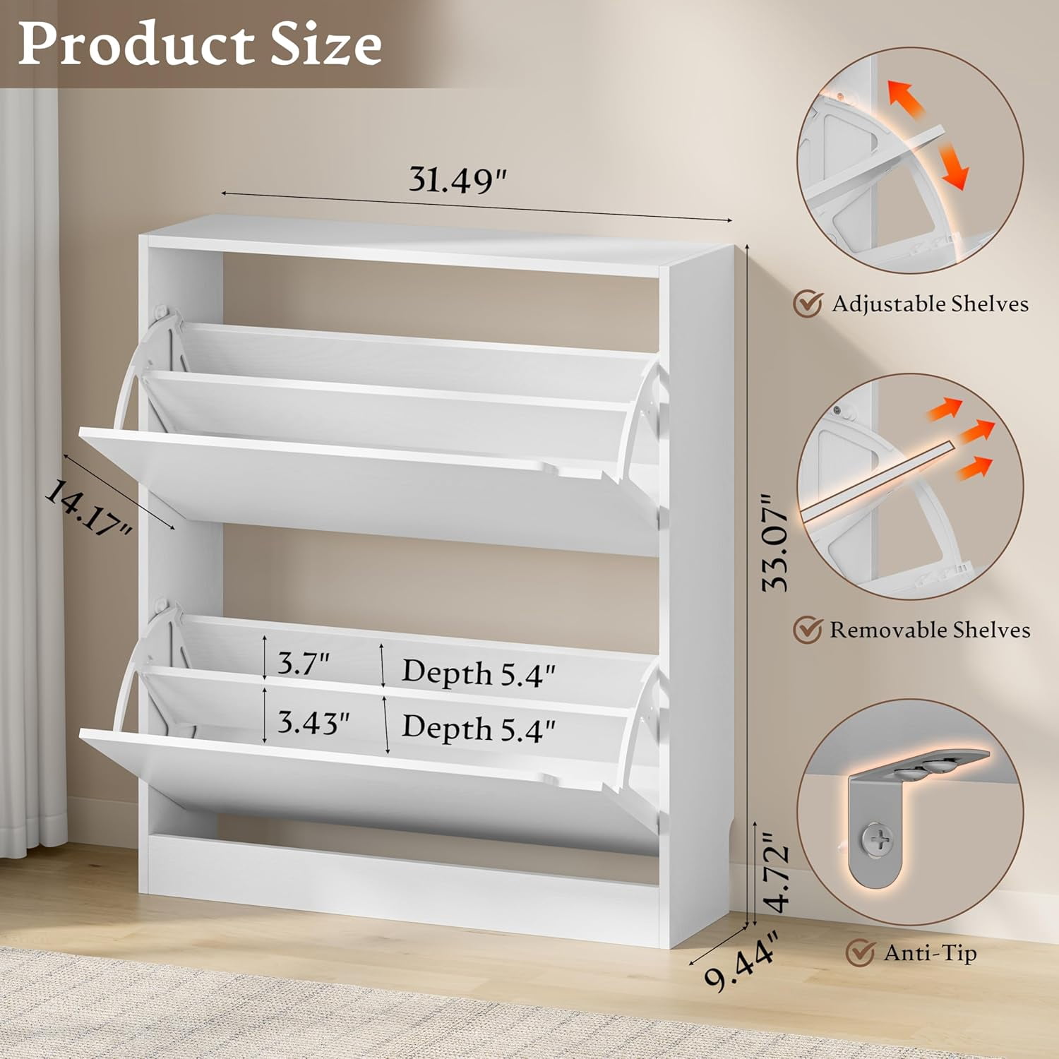FANRAL Shoe Cabinet with 2 Flip Drawers Narrow Storage Cabinet Organizer for Entryway,White Shoe Rack