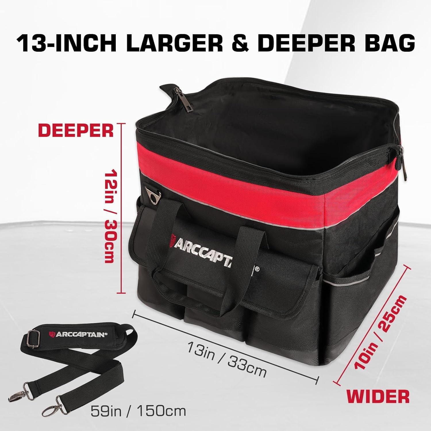 Tool Bag, ARCCAPTAIN Heavy Duty Tool Bags, Waterproof Wide Mouth Tote Bag for Tool Organizer & Storage, with Adjustable Shoulder Strap, Black