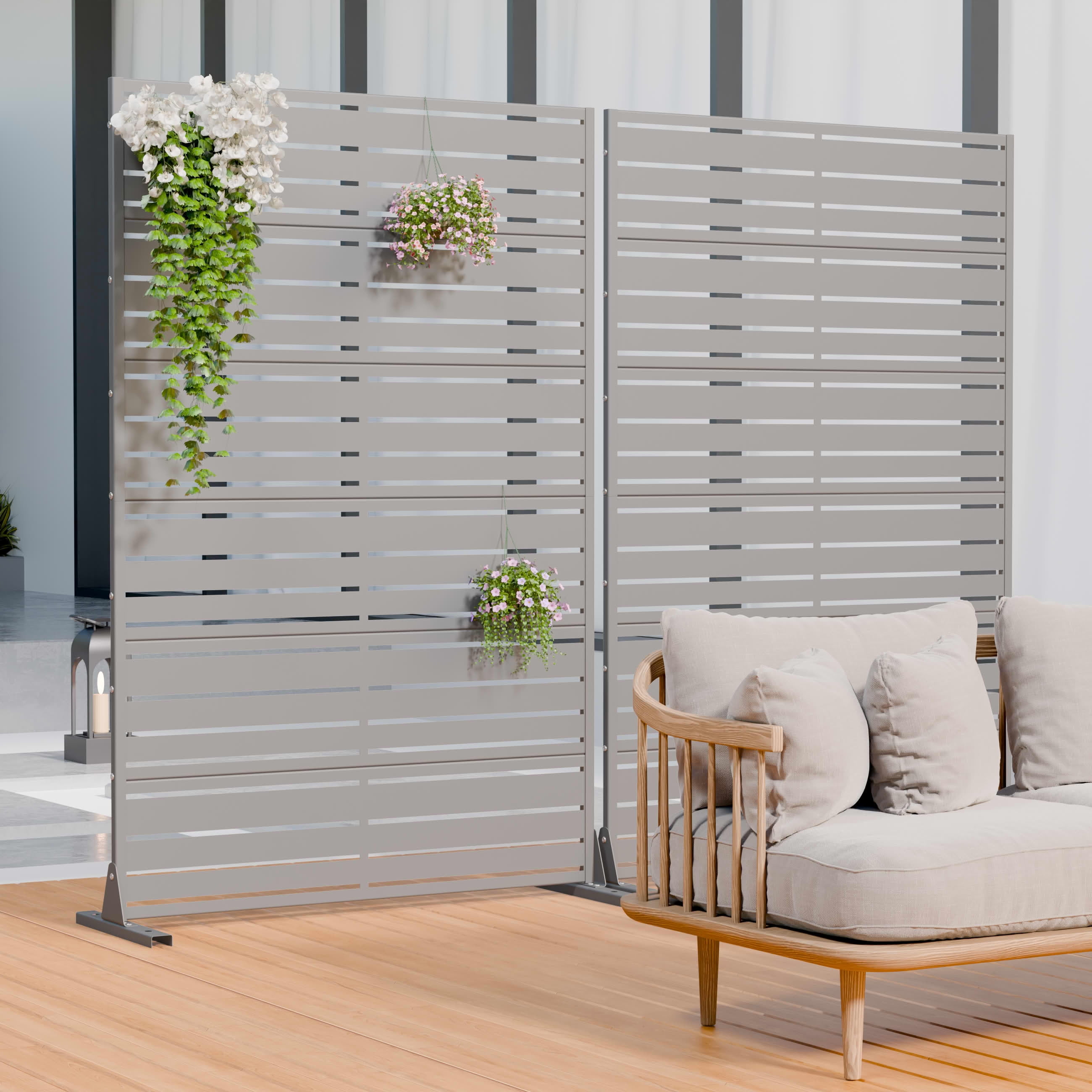MAYEERTY 2-Piece Outdoor Metal Privacy Screen 6ft × 4ft Gray, 6-Panel Wide-Narrow Louvered, Rust-Resistant for Garden