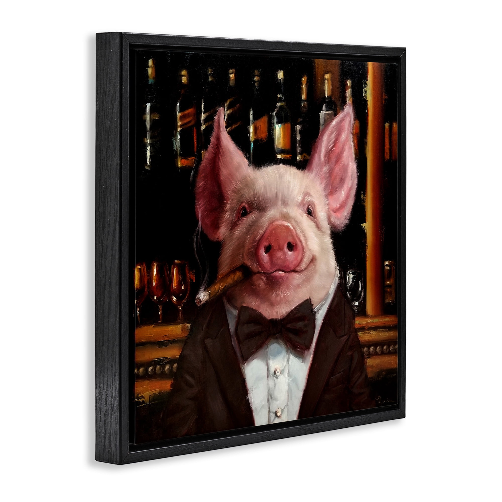 Stupell Industries Classy Pig at Cigar Bar Animals & Insects Painting Black Floater Framed Canvas Art Print Wall Art, 25 x 25