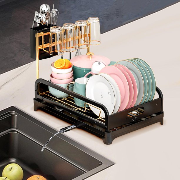 Escurridor de platos para encimera de cocina, escurridor de platos de Metal, soporte para tazas, soporte para cubiertos, estante para platos con tabla Negro Dorado