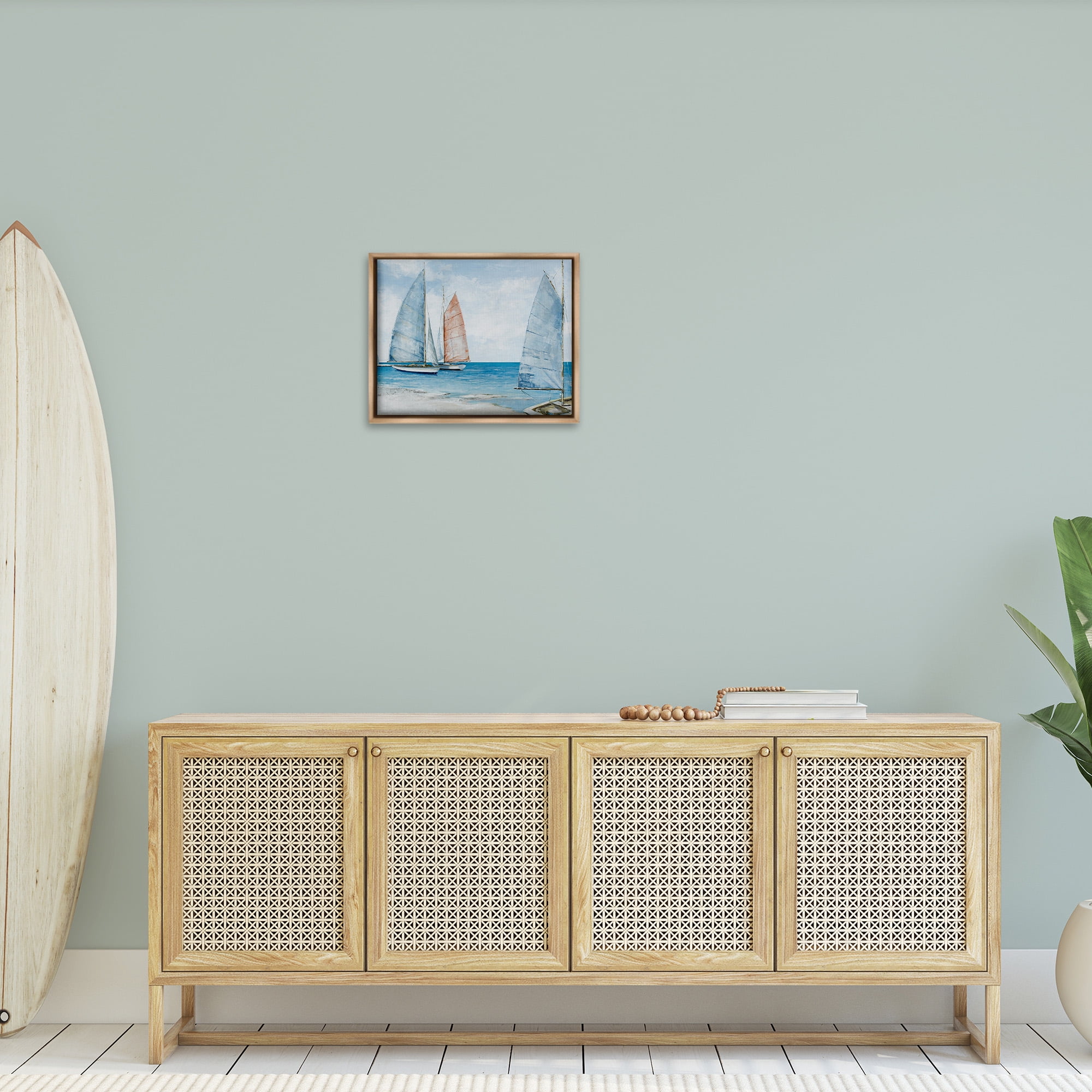 Stupell Industries Coastal Sailboat Fleet Transportation Painting Brown Floater Framed Canvas Art Print Wall Art, 21 x 17