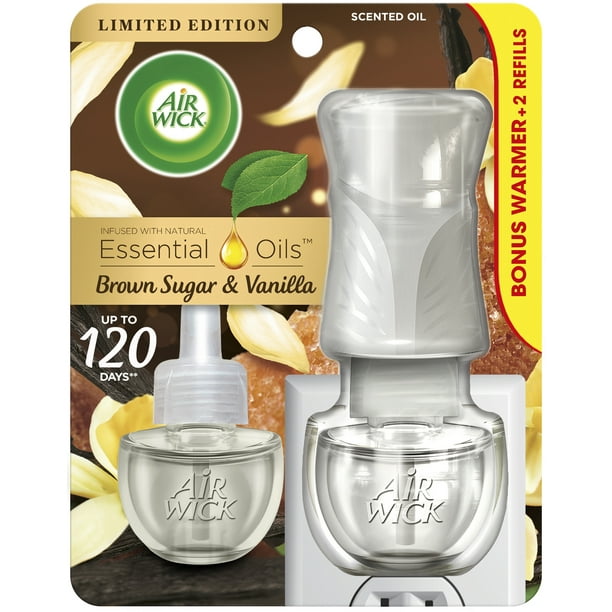 Air Wick Plug in Scented Oil Starter Kit (Warmer + 2 Refills), Brown Sugar & Vanilla, Fall Scent