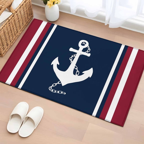 2x3 Ft Entryway Area Rug, Navy Blue Red Stripe Kitchen Rug Runner Washable Floor Mat, Coastal Nautical Anchor Farmhouse Non Slip Indoor Door Mat Throw Carpet for Bathroom Living Room Bedroom
