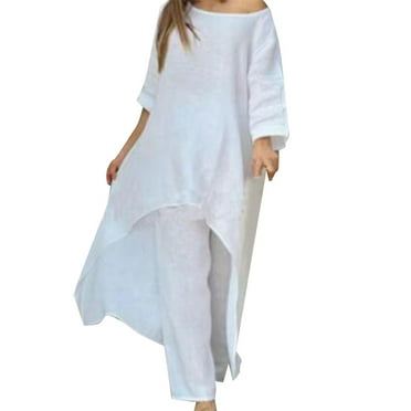 Daznico Ensemble en Coton et Chanvre pour Femme, Haut à Manches Courtes Confortable et Pantalon Long, Couleur Unie, Taille P