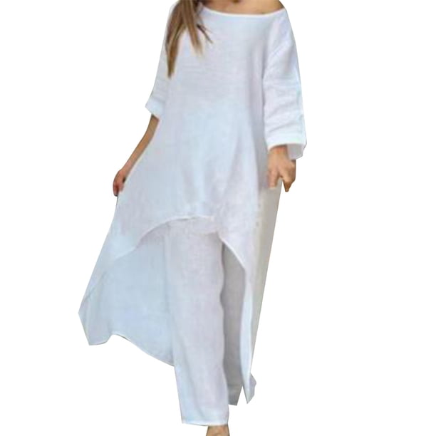 Gibobby Conjunto de Pantalones para Mujer Traje de manga larga irregular grande informal de algodón a la moda para mujer pantalones de pierna ancha traje de d(Blanco,G)