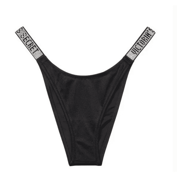 Large New VICTORIA'S SECRET Shine Strap Brazilian Bikini Bottom Swim Panty Black