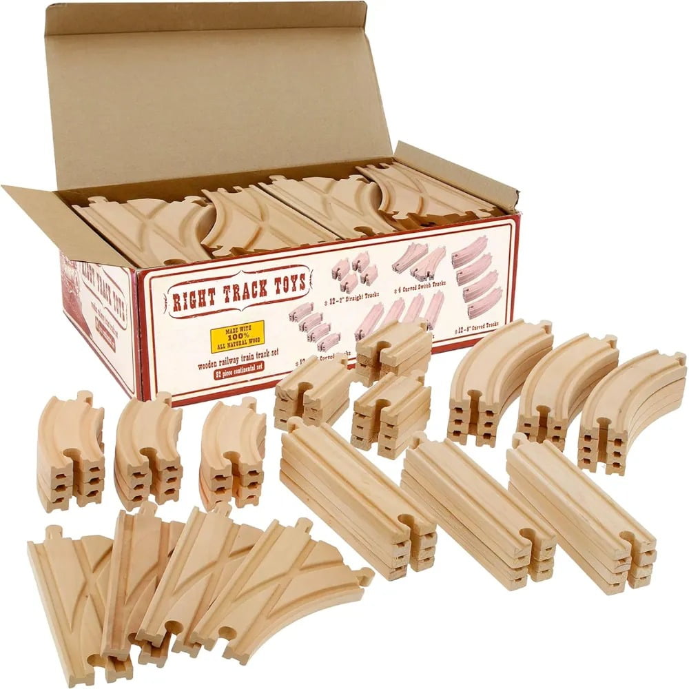 Right Track Toys Wooden Train Track 52 Piece Set - 18 Feet Of Track Expansion And 5 Distinct Pieces - 100% Compatible with All Major Brands