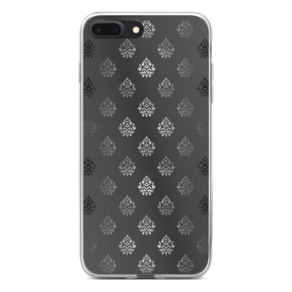 DistinctInk Clear Shockproof Hybrid Case for iPhone 7 PLUS / 8 PLUS (5.5" Screen) - TPU Bumper, Acrylic Back, Tempered Glass Screen Protector - Silver Grey Black White Damask - Floral Damask Pattern