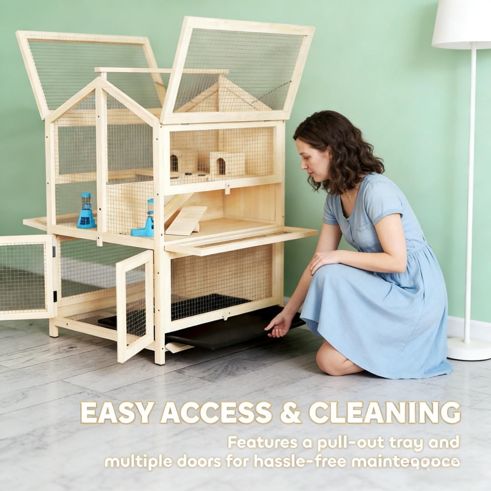 3-Tier Wooden Hamster Cage Small Animal Habitat with Clear PET Panels Slide-Out Tray & Lift-Up Mesh Top for Hamsters Gerbils Mice