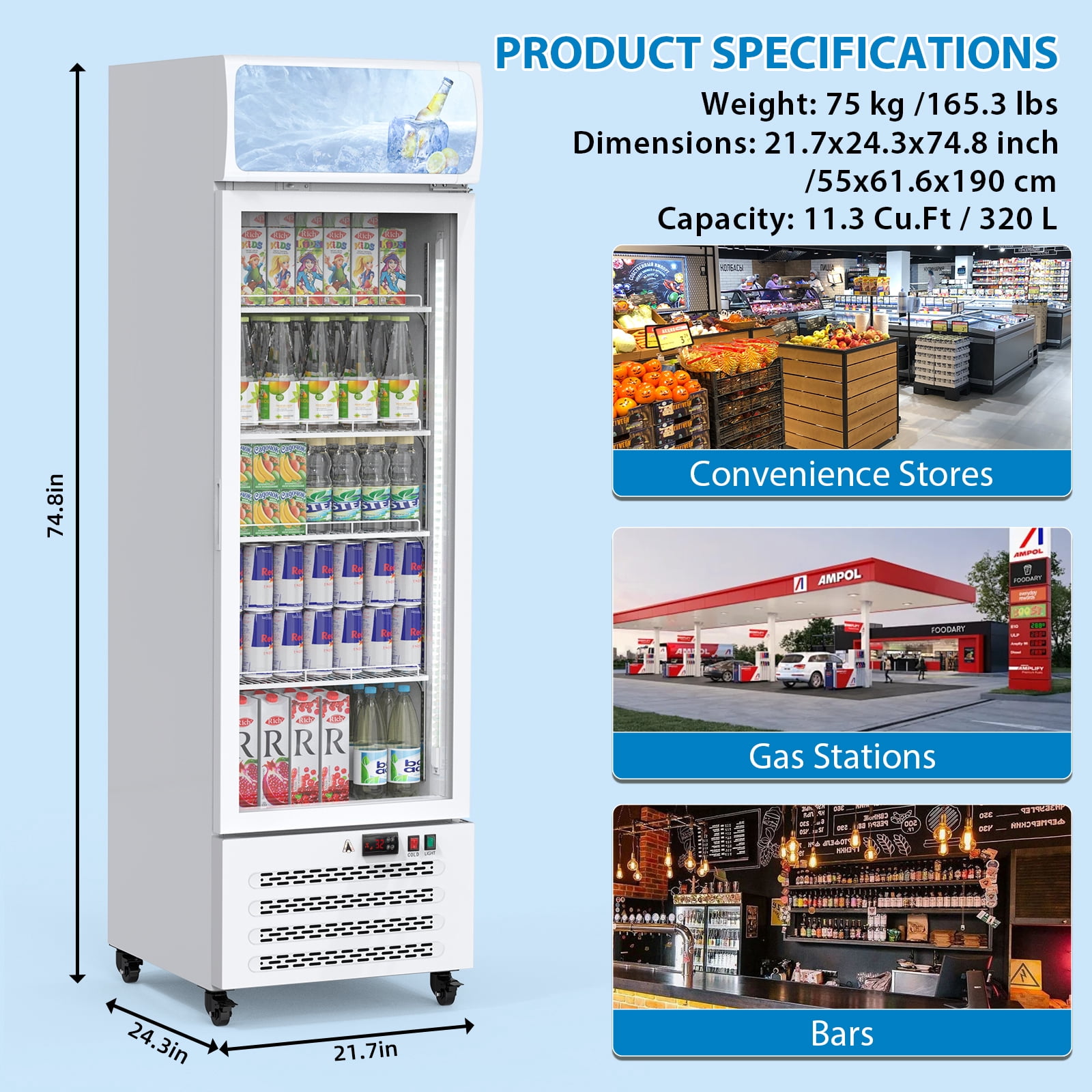 Kojooin Commercial Merchandiser Refrigerator,Beverage Refrigerator Cooler,Glass Door Display Refrigerator Upright Fridge,White