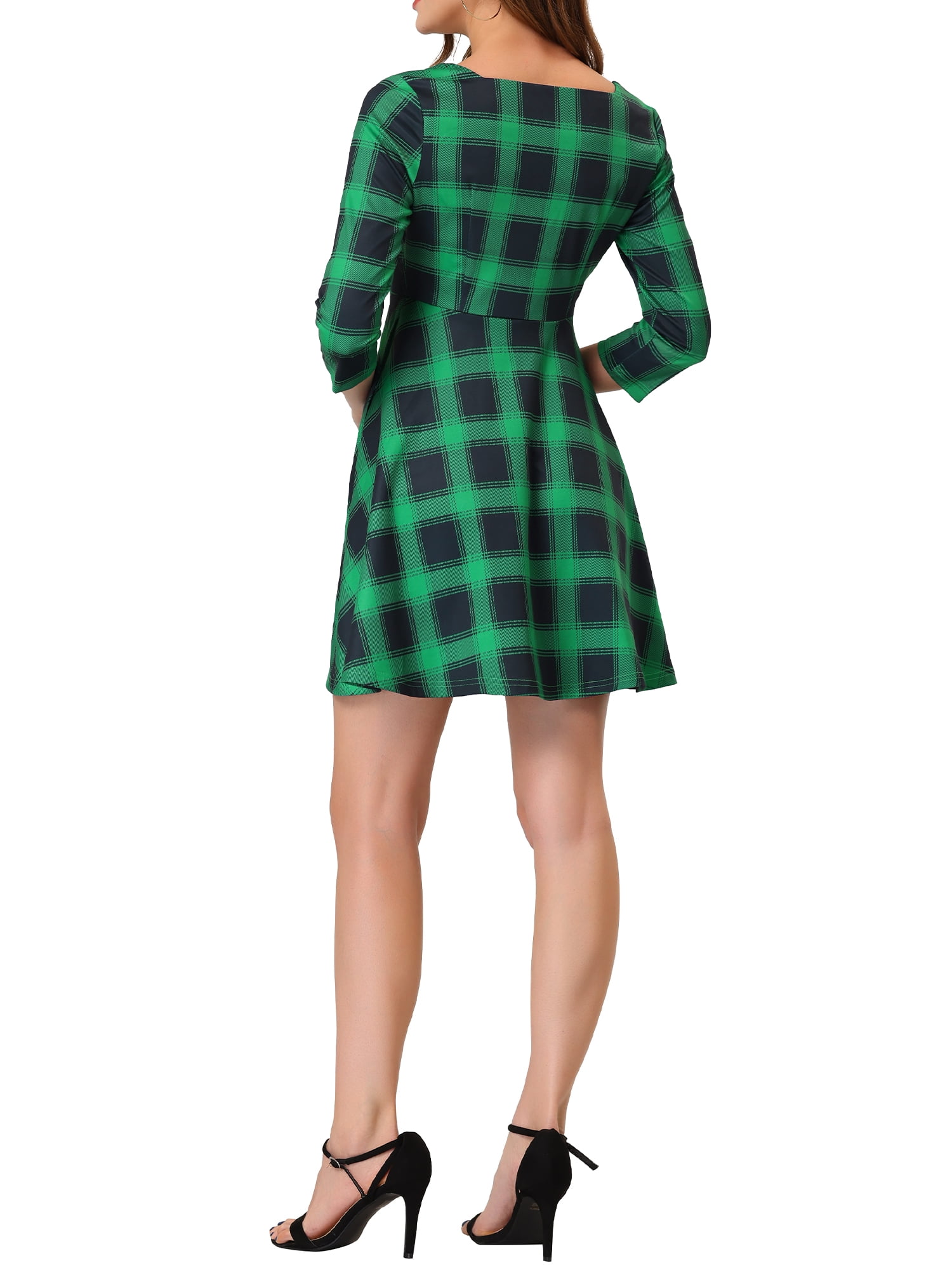 INSPIRE CHIC Women's Plaid Square Neck 3/4 Sleeve Above Knee Dress Green XL  - Walmart.com