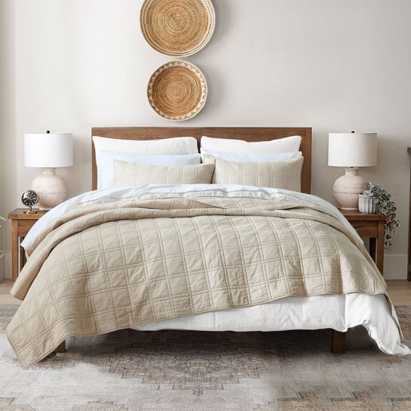 HORIMOTE HOME Courtepointe 100 % Coton Format Lit Simple Beige Couvre-Lit, Prélavée 2 Pcs Douillette Légère à Coutures Housse de Literie Décorative