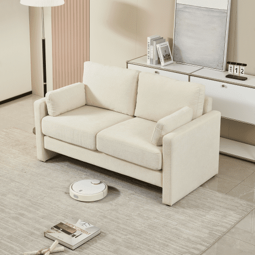BSHTI 58.66" Small Modern Loveseat Sofa, Mid Century Chenille Fabric 2-Seat Couch Love Seat with Back Cushions, for Living Room, Bedroom and Small Space,Beige