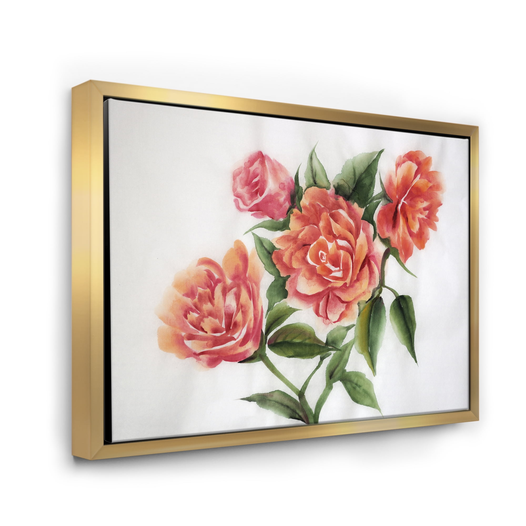 Designart 'Orange VIntage Roses With Green Leaves' Traditional Framed Canvas Wall Art Print