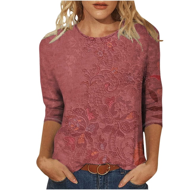 Tnhcen Hauts Basiques Vintage à Imprimé Floral pour Femmes, Col Rond, Manches 3/4, Coupe Ample, Grande Taille, Chemises Graphiques d'Automne P-5TG