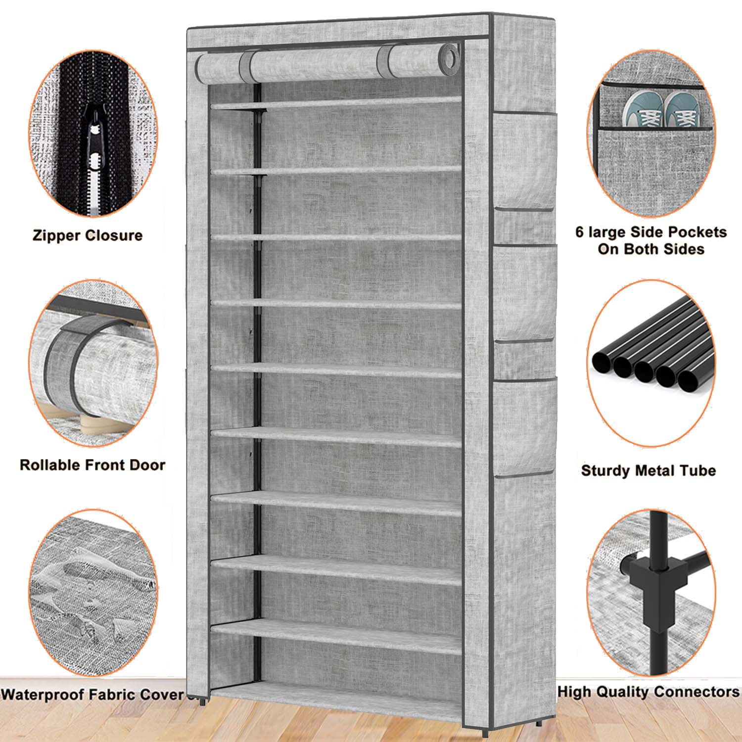 10 Tier Large Capacity Dustproof Shoe Cabinet 50-55 Pairs, Tall Shoes Storage Rack with Fabric Cover for Closet, Dorm, etc