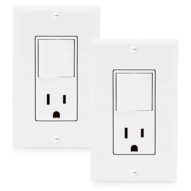 Maxxima Single Pole Rocker Light Switch and Outlet, White, Wall Plates Included (2 Pack)