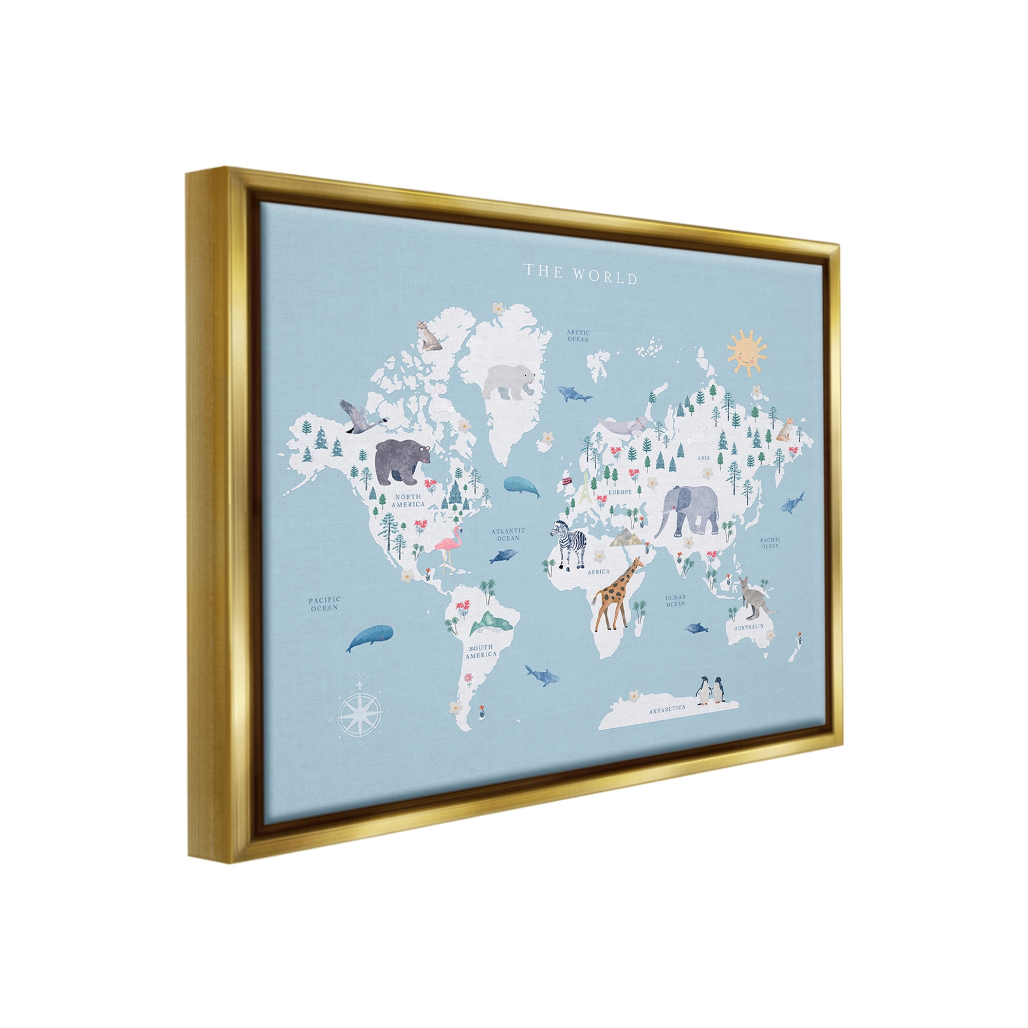 Stupell Industries World Animals Map Animals & Insects Painting Gold Floater Framed Canvas Art Print Wall Art, 31 x 25