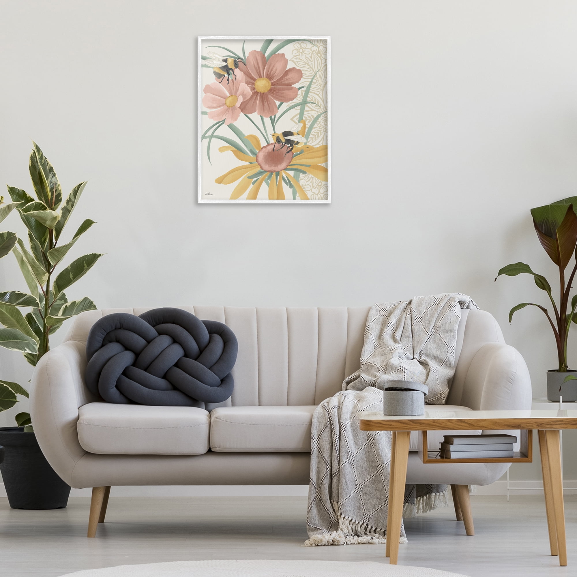 Stupell Industries Pollinating Bumble Bees Botanical & Floral Painting White Framed Art Print Wall Art, 24 x 30