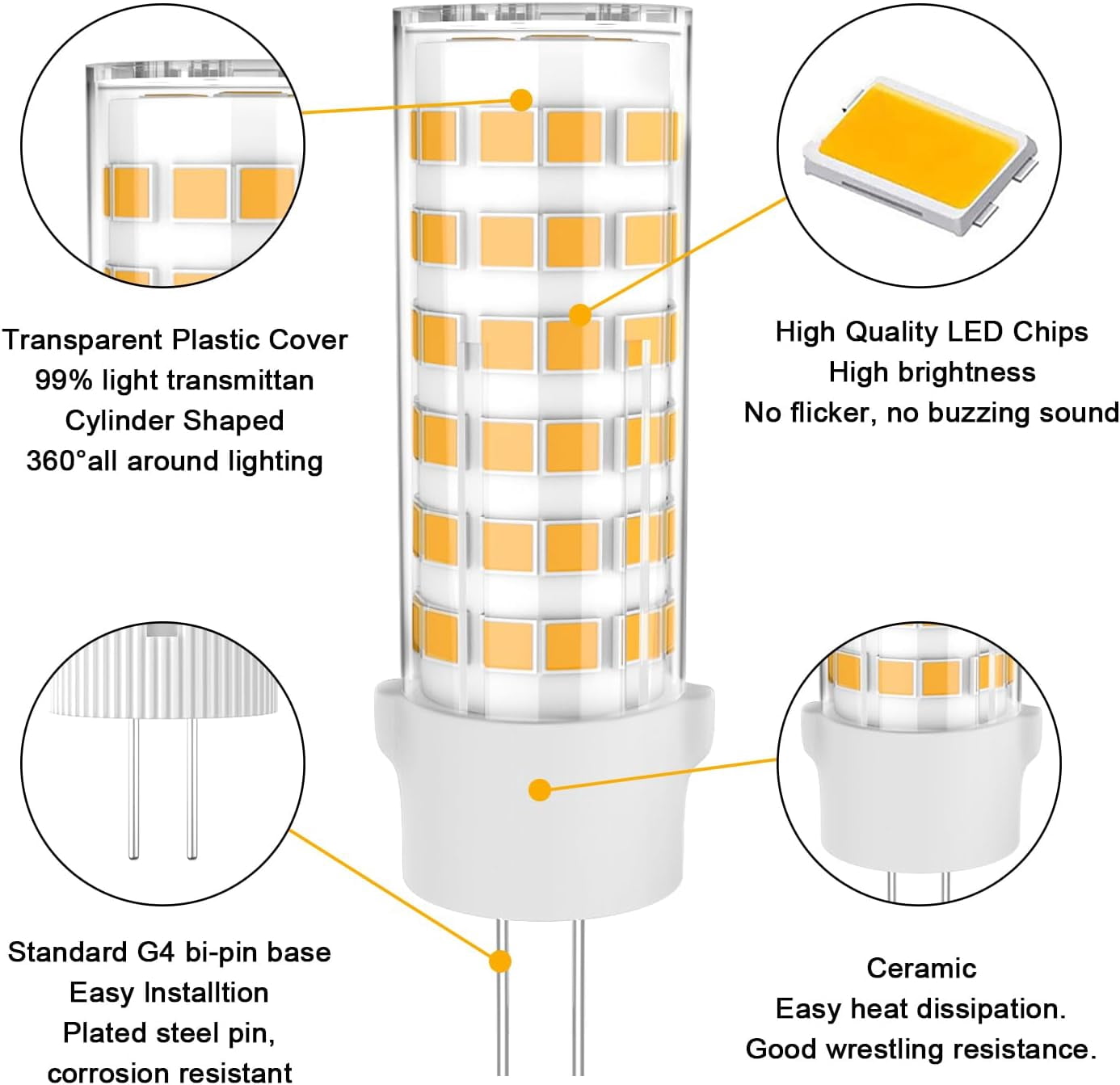 FEFEFW-G4 LED Bulb JC Type Bi-Pin Base Light Bulbs 6W AC/DC 12V 50W T3 Halogen Bulb Equivalent, Warm White 2700K, Non-dimmable for Outdoor Landscape Lighting Deck Stair Step Path Lights, Pack of 6