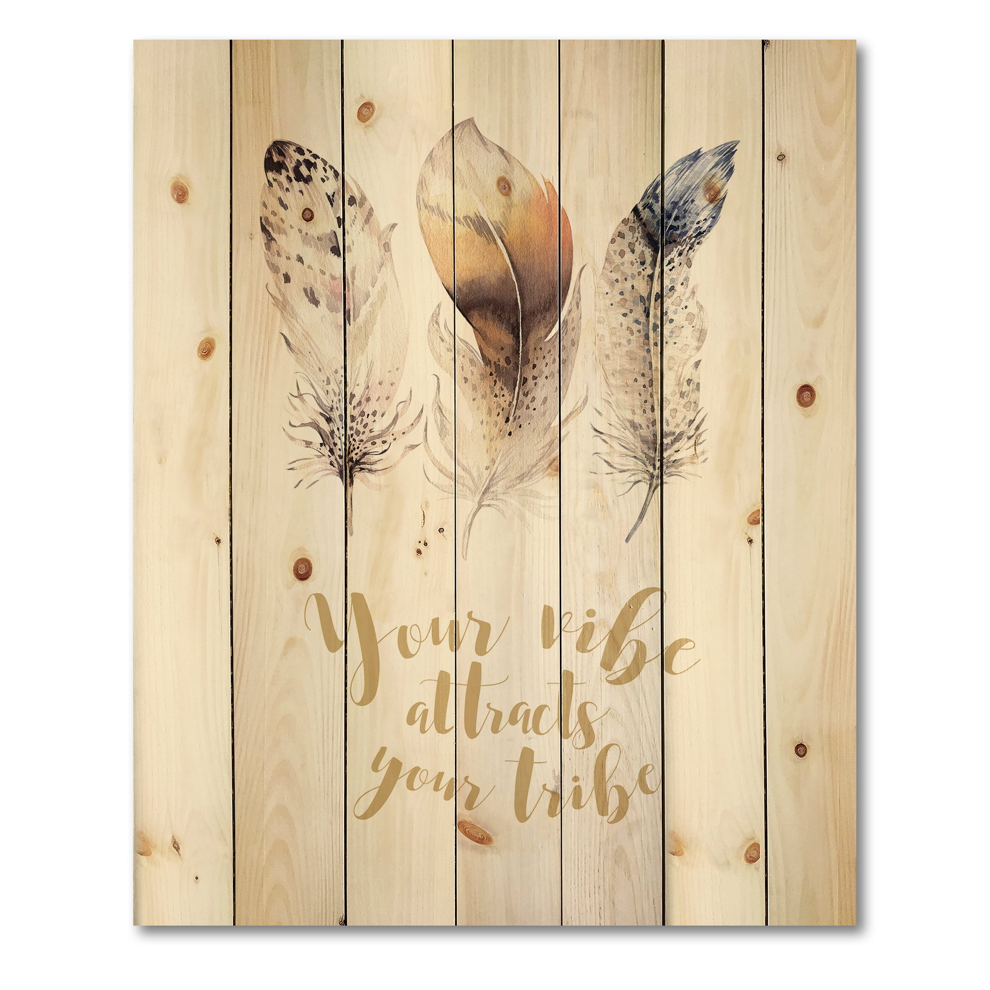 Designart 'Multicolored Ethnic Art Feathers With Inspiring Quote' Bohemian & Eclectic Print on Natural Pine Wood