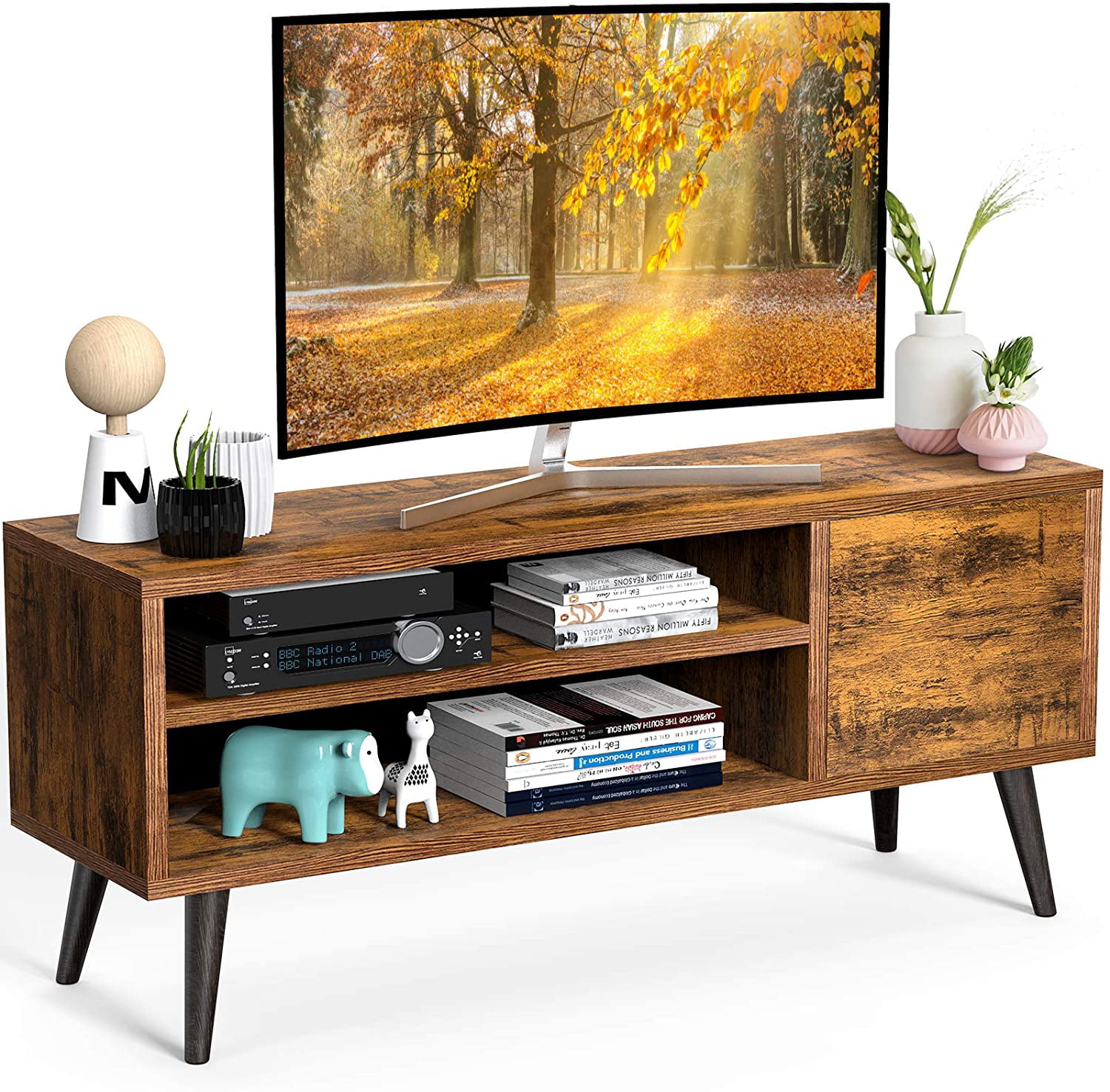 TV Stand Console Media Cabinet Table Entertainment Center Wood Storage Bins 