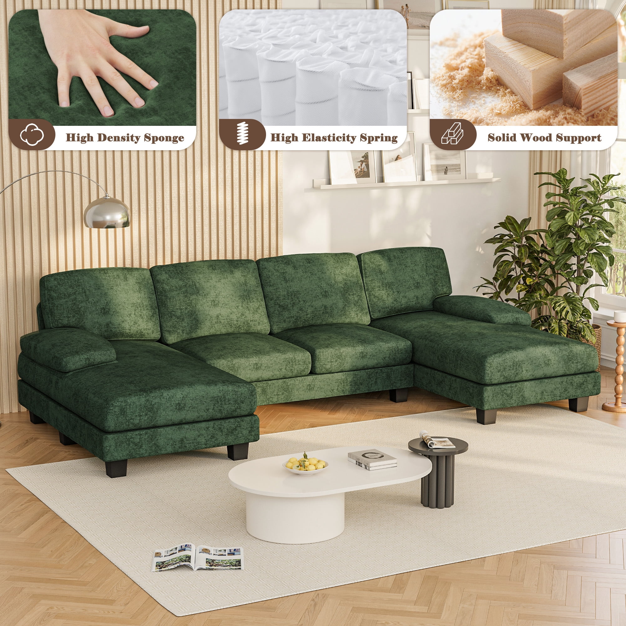 Homall U Shaped Sectional Sofa with Chenille Fabric Sofa Couch with Double Chaise for Apartments,Living Room, Chenille Green