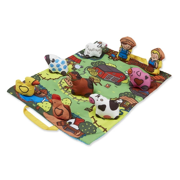 Melissa & Doug Activity Play Mat, Storage Bag Folding Baby Mat for Kit with Items Included 9 Soft Fabric Animals and Farmer Figures Multicolor