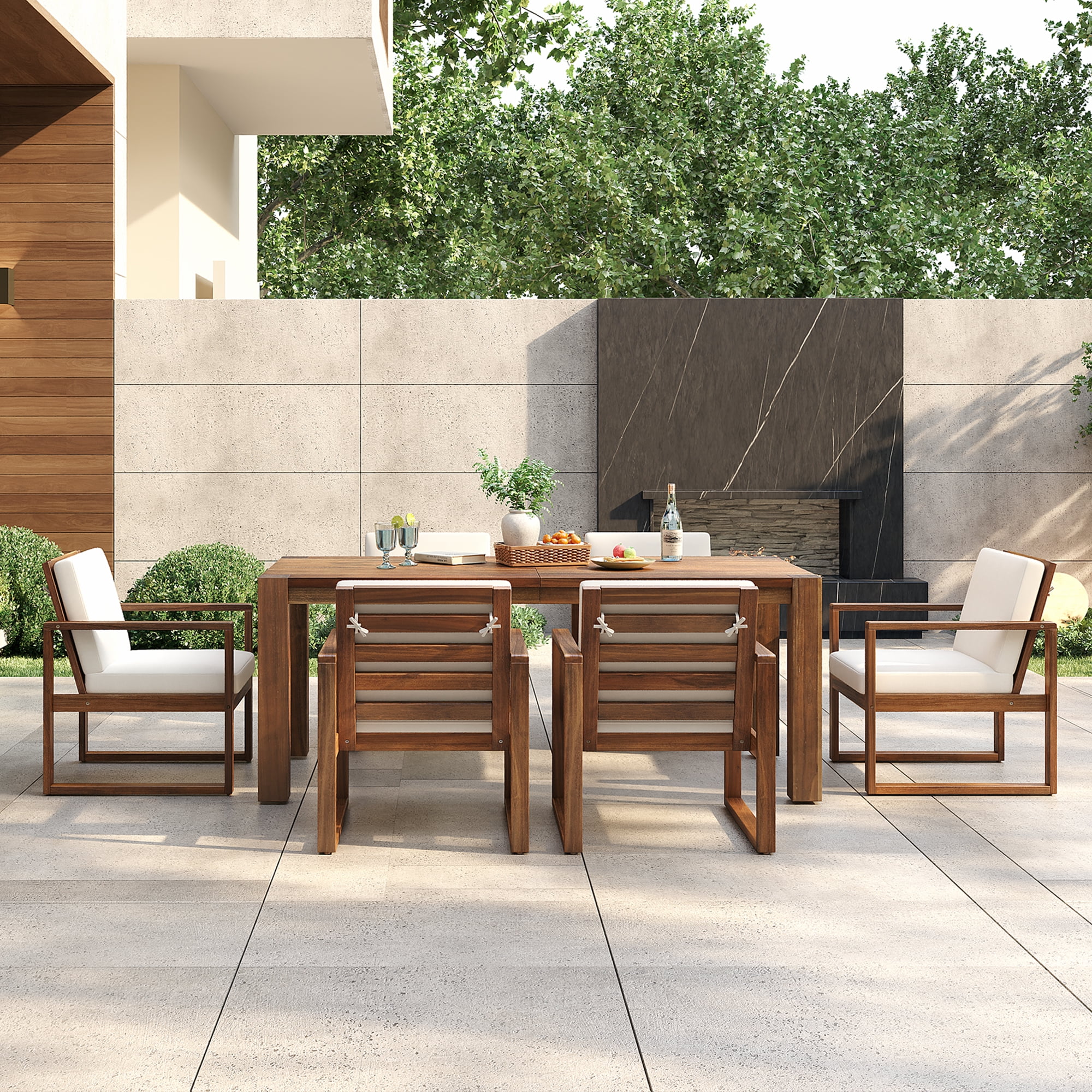 HighSound 7 Piece Patio Dining Set, Outdoor Acacia Wood Furniture Set, Rectangular Table and 6 Arm Chairs w/Removeable Fabric Cushion, Gray
