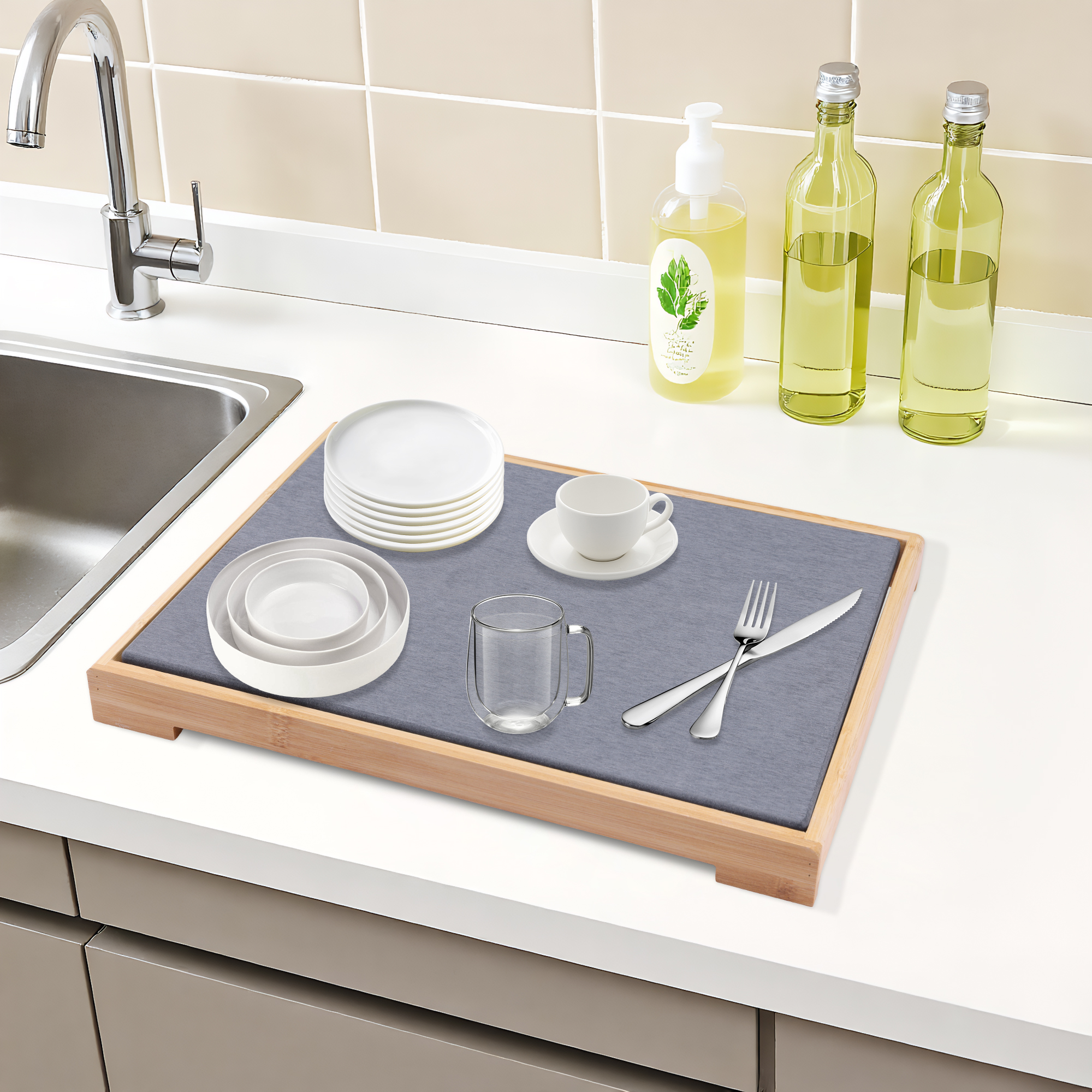 Unique Bargains Diatomaceous Stone Dish Drying Mat with Dish Drying Rack Dark Gray