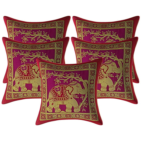Stylo Culture Indian Decorative Sofa Brocade Purple And Gold Throw Pillow Covers 12x12 Jacquard Weave Banarasi Indian Throw Pillows Elephant Floral 30x30 cm Cushion Covers (Set Of 5)
