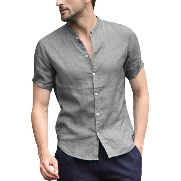 Incerun - Men's Collarless Short Sleeve Linen Button Down Dress Shirt ...