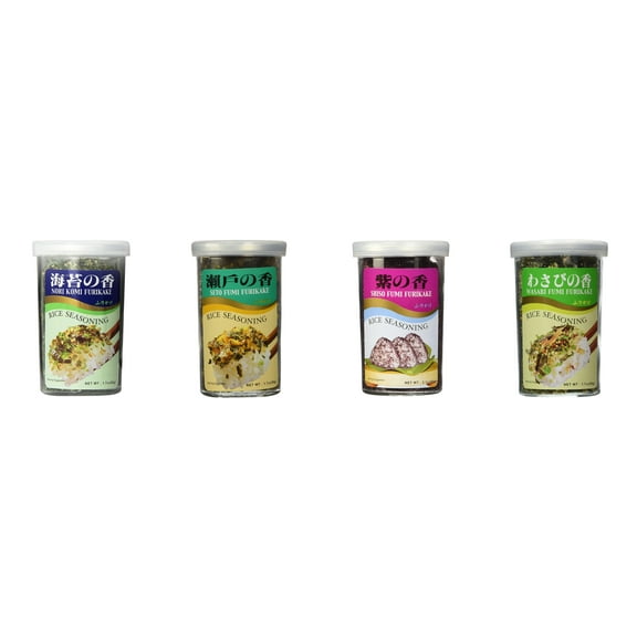 Ajishima JFC Rice Seasoning Fumi Furikake 4 Flavor Mixed Bundle (Nori Komi,Seto,Shiso,Wasabi) Plus NineChef Brand Long Handle Coffee Spoon