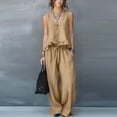 thumbnail image 2 of mihongmao 80s Outfit for Ladies Date Night Sets Women's Casual Summer Beach Loose Two Piece Outfit Sleeveless V Neck Ruffle Top Wide Leg Pants Set Khaki 2X, 2 of 9