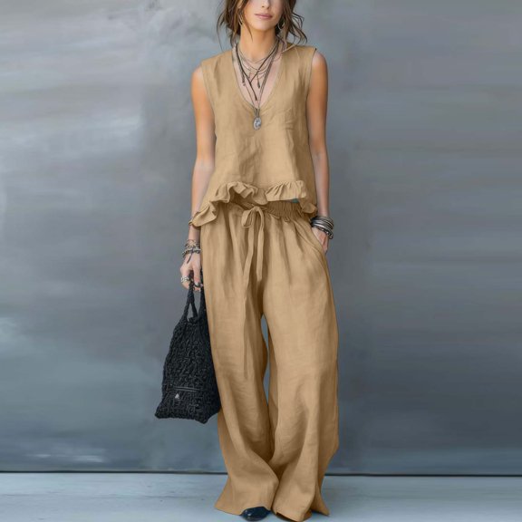 Cagogo Women's 2 Piece Outfits Sleeveless Tank Top Wide Leg Pants Set Casual Boho Beach Summer Loose V Neck Tops Flowy Pants Lounge Travel Matching Tracksuits, Khaki S