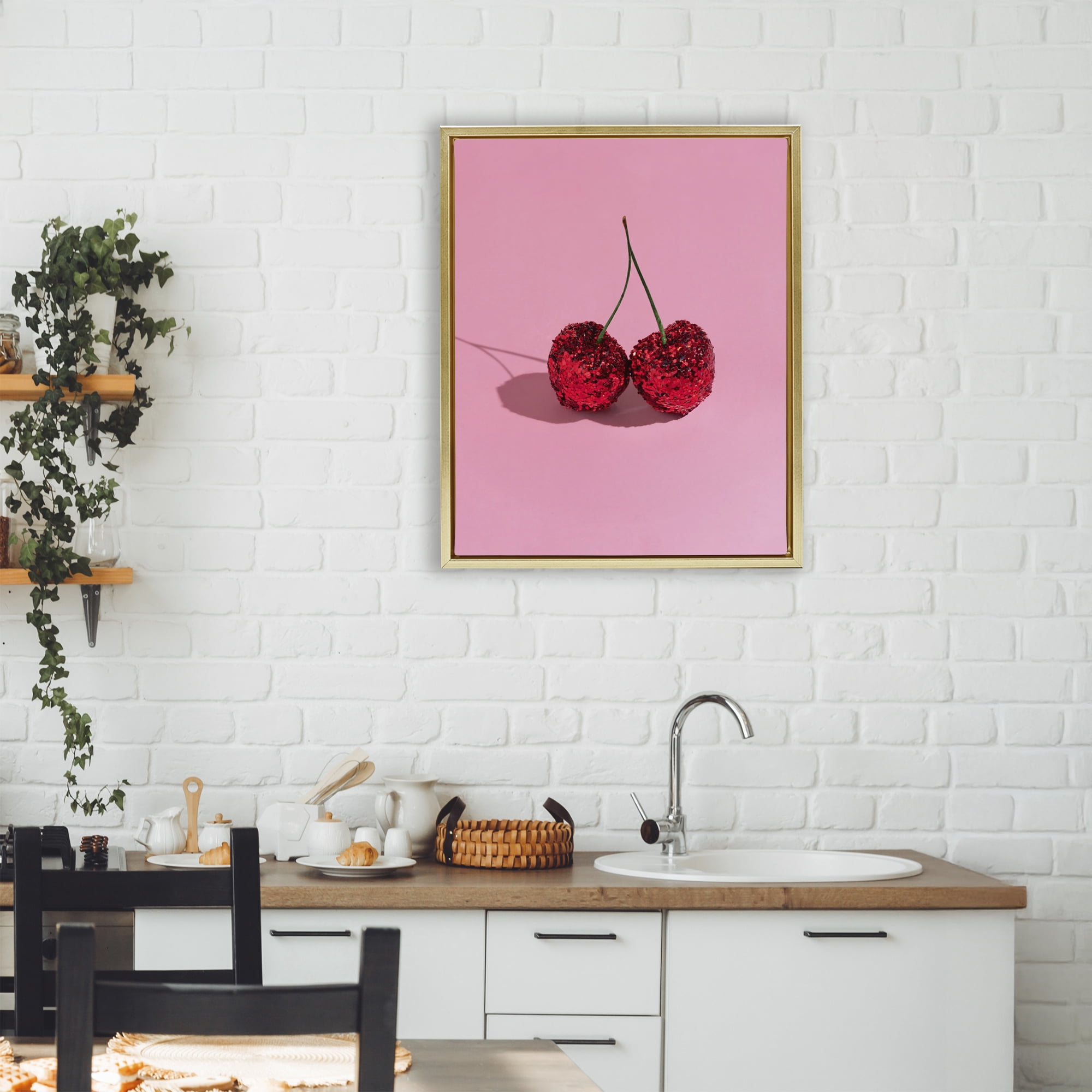 Stupell Industries Glitter Encrusted Cherries Gold Framed Floater Canvas Wall Art, design by LISH Creative