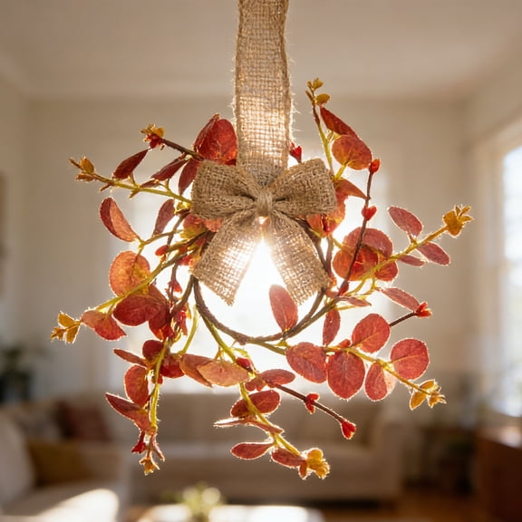 Mini 8cm Orange Berry Eucalyptus Wreath Artificial Garland with Pine Cones for Fall Farmhouse Decor Table Centerpiece Wall Hanging and Wedding Rustic Home Decor