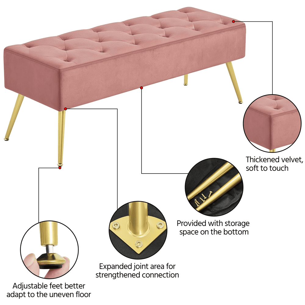 Yaheetech Modern Velvet Bench Upholstered Ottoman Footrest Stool Button Tufted with Gold Metal Legs, Pink