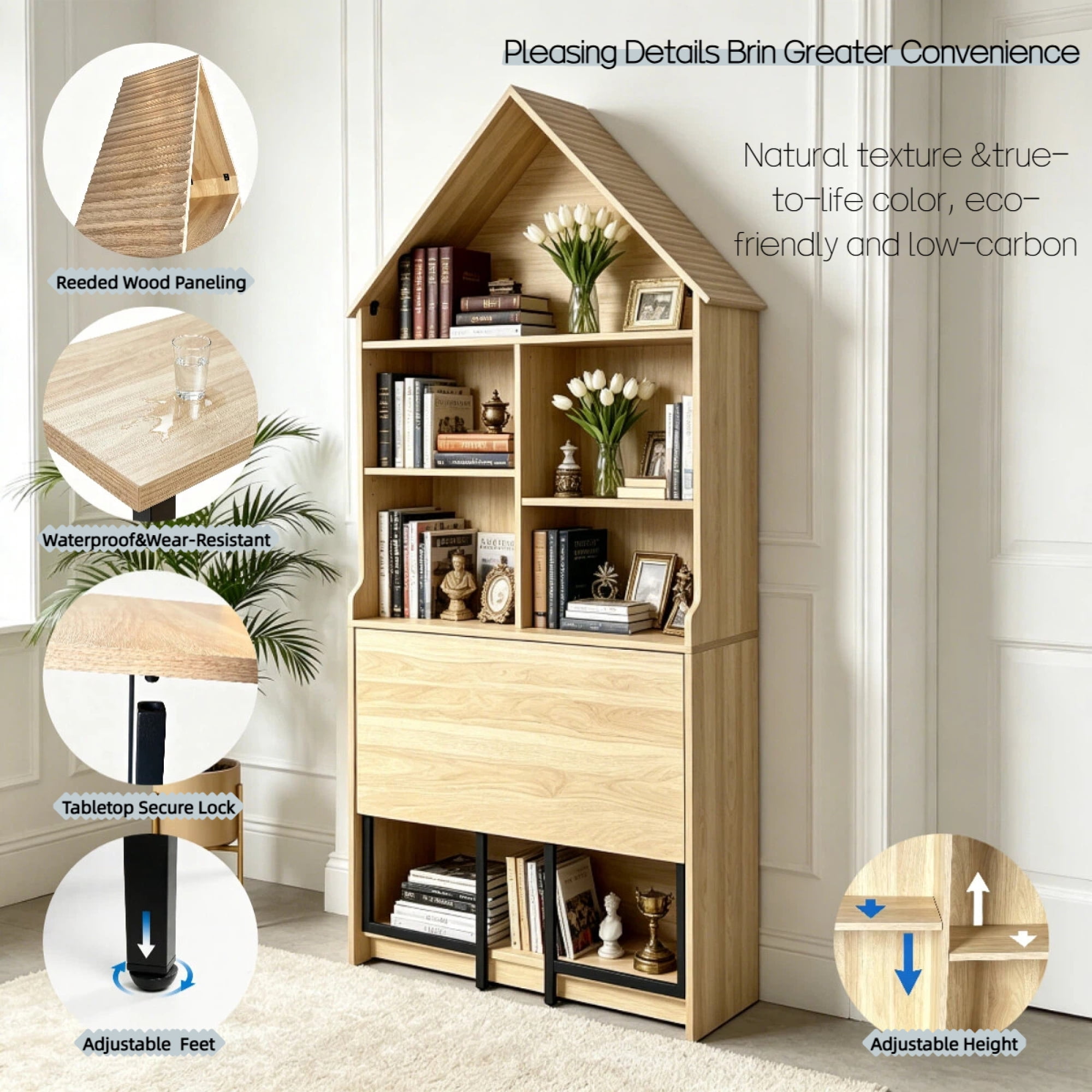 Leumius Folding Craft Desk with Storage Shelves, Convertible Hideaway Desk to Bookshelf, Foldable Desk with Storage, Disappearing Desk for Living Room Home Office Natural