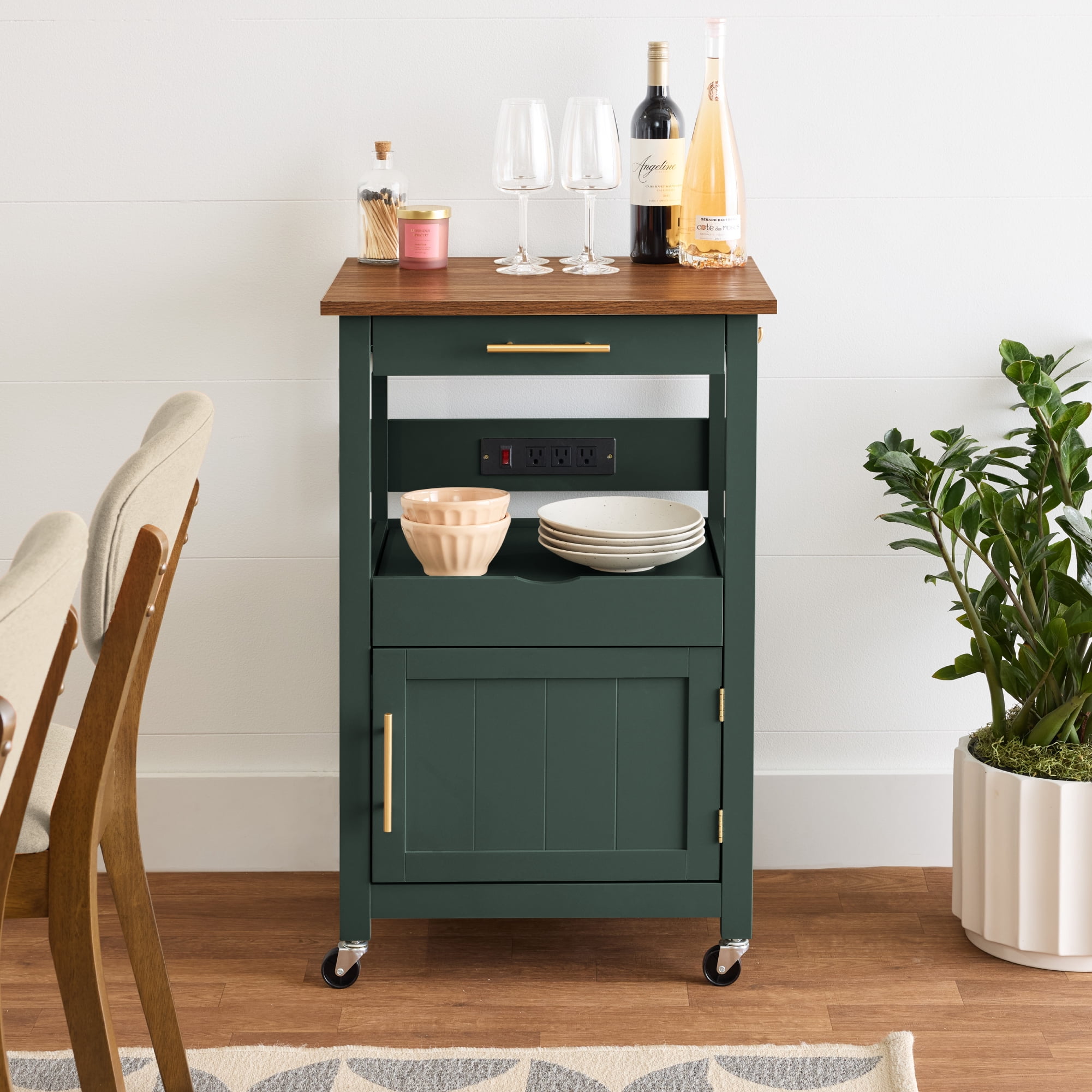 Best Choice Products Rolling Kitchen Island Cart, Cabinet W/ Drawer, Sliding Tray, Outlet, Wheels, Hooks - Forest Green