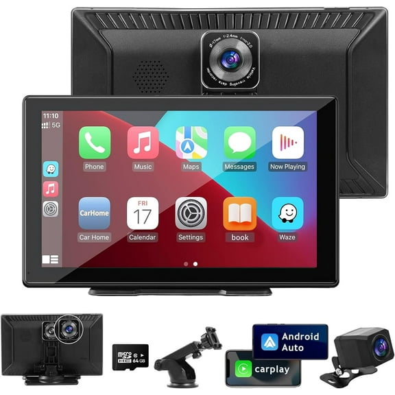 THONZER Portable Wireless Carplay Car Stereo with 2.5K Dash Cam - 9" HD IPS Screen, Android Auto, 1080p Backup Camera, Loop Recording, Bluetooth, GPS Navigation Head Unit, Car Radio Receiver
