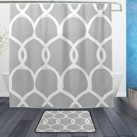 Elegant Gray Pattern Bathroom Accessory Sets Waterproof Shower Curtain with Anti-Slip Bath Mat Durable Combo