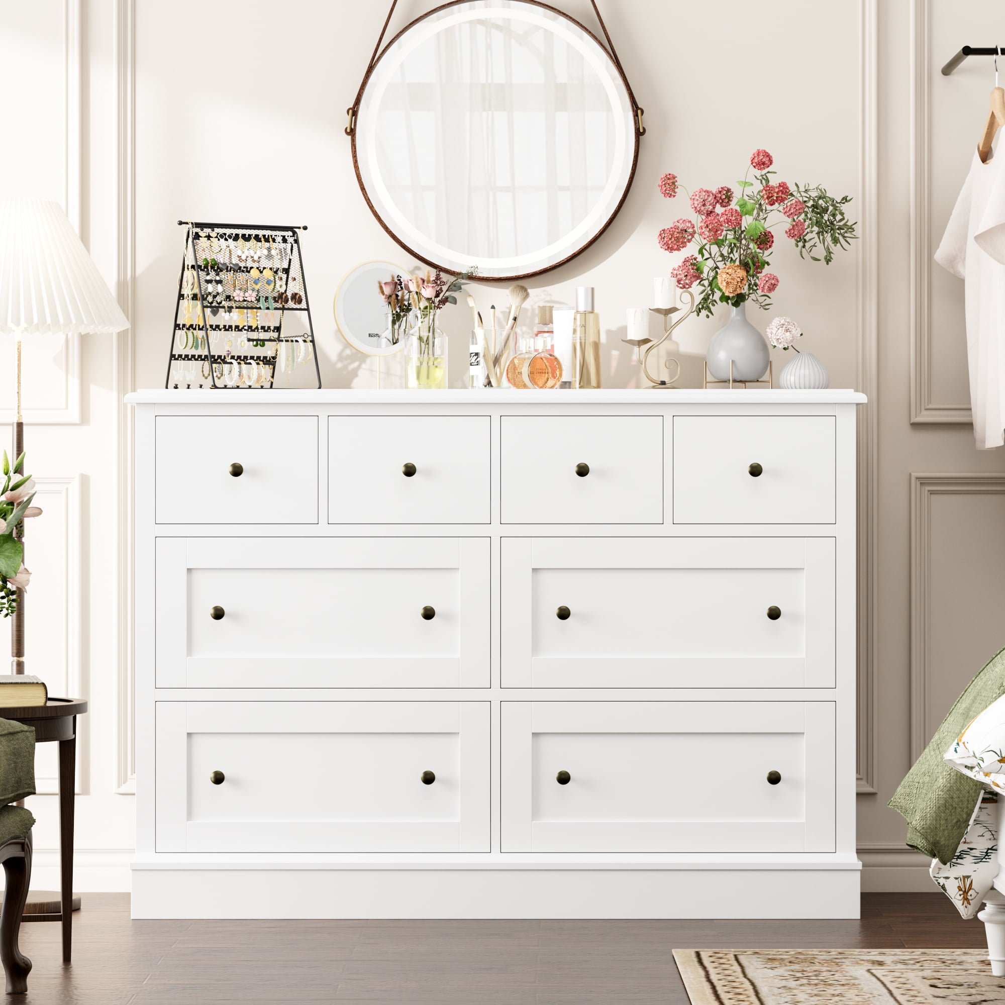 Homfa 8 Drawer Horizontal Combo Dresser for Bedroom, Modern White Chest of Drawers Wood Storage Cabinet for Living Room
